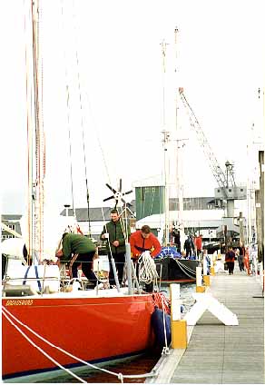 Aquair hybrid wind/water generator rigged as a wind turbine on British round the world racing yacht